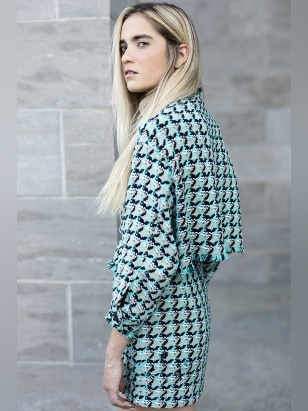 ZARA Textured Houndstooth Tweed 2 Piece Coord Matching Set Jacket Skirt Chanel 💚 - Picture 5 of 16